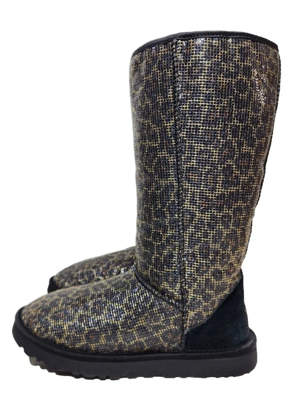 UGG Leopard Glitter Classic Tall Sz 7 Genuine Sheepskin Boots Black/Gold 1006819